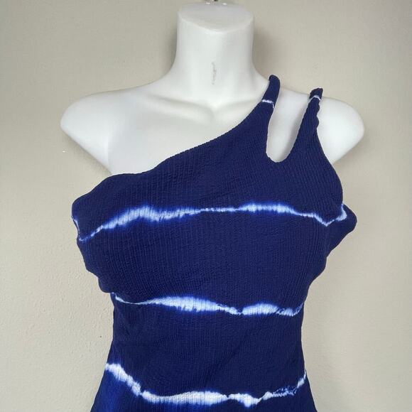 BECCA‎ Blue White Striped Ribbed High Neck One-Piece Swimsuit Size M Tie Back - Picture 2 of 6